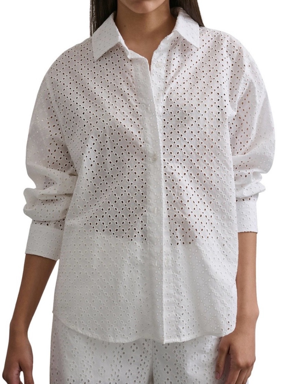 DKNY Jeans White Eyelet Lace Blouse Button Front Long Sleeve Bright White XL
